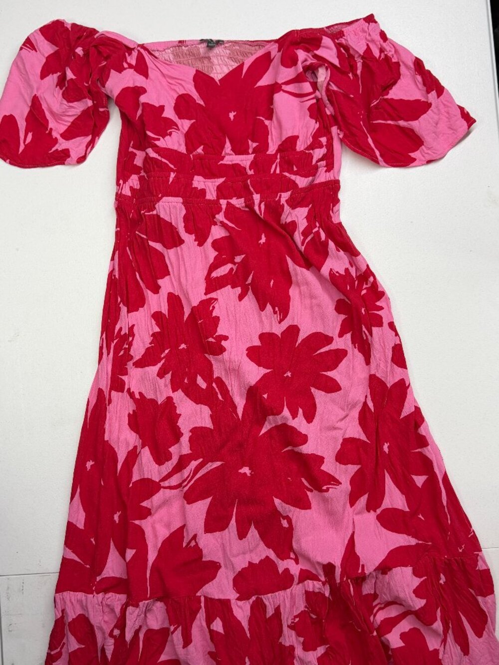 Lily Rose Pink Red Floral Maxi Dress Size Large Puff Sleeve Smocked Waist